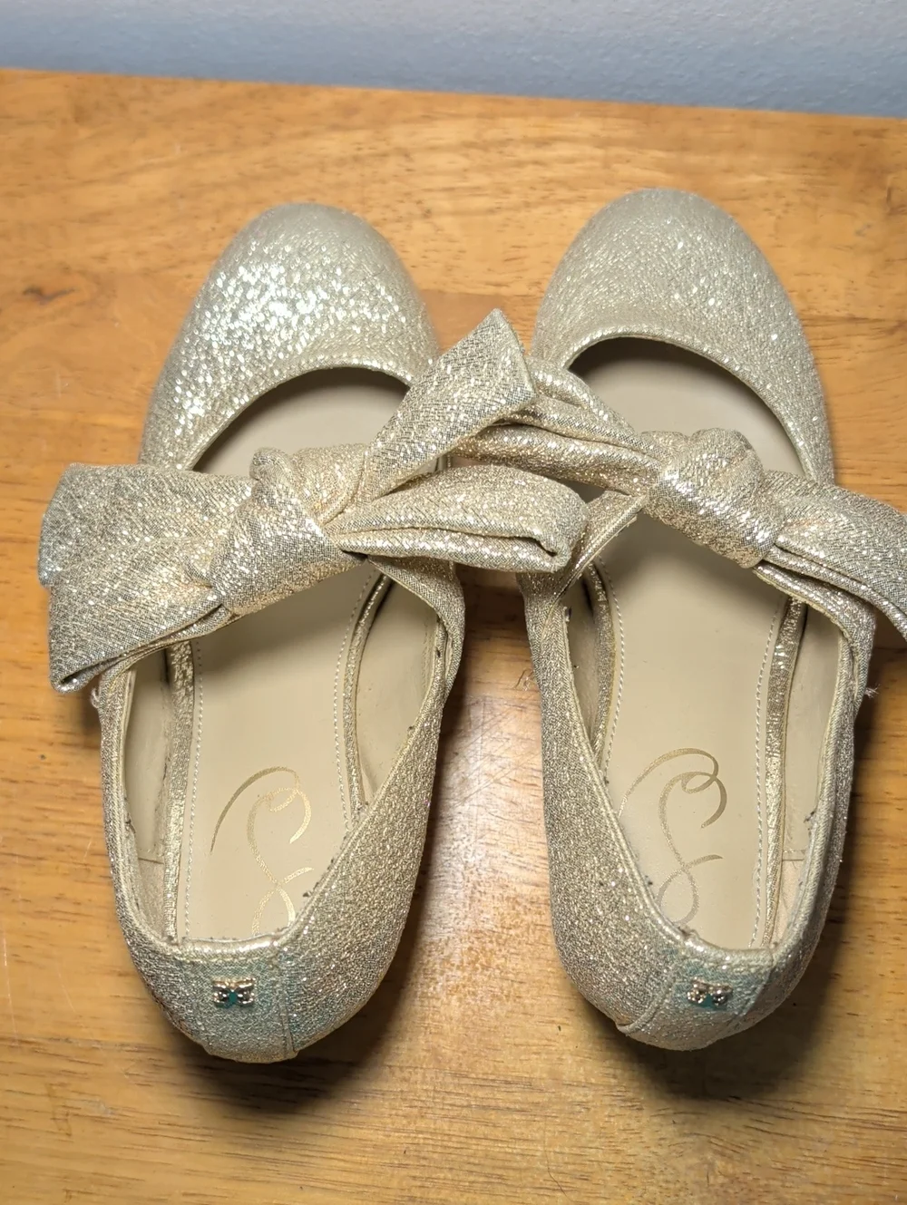 Sam Edelman Teddy Kids Shoes Gold Glitter Bow Block Heel Girls Size 3